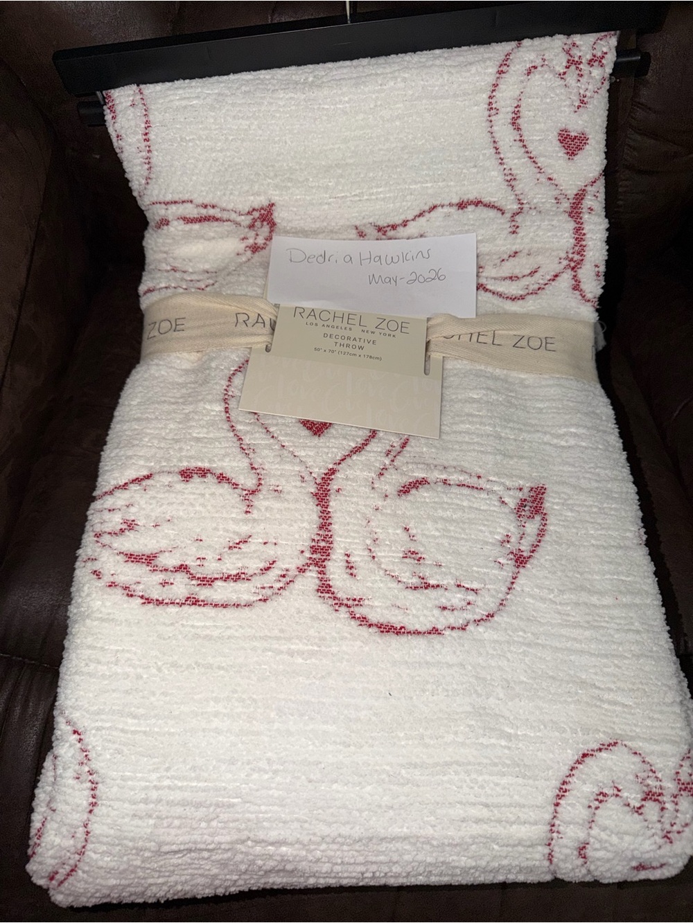 Rachel Zoe White Throw with Red Swan Motif
